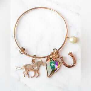 Rose Gold Bangle Charm Bracelet Horse/Heart/Horseshoe/Pearl NIB